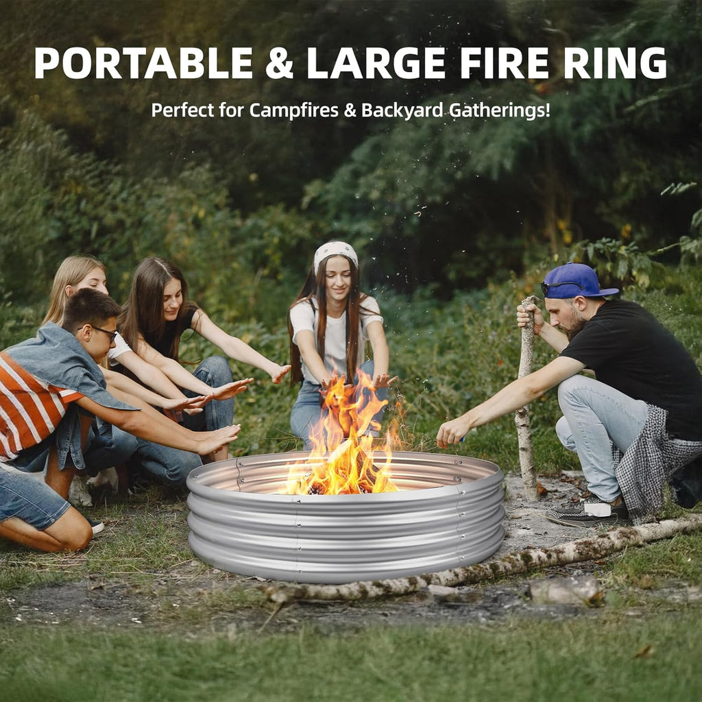 48 Inch Fire Pit Ring for Outside, 4FT Diameter Wood Burning Fire Ring, Large Round Galvanized Steel Fire Pit