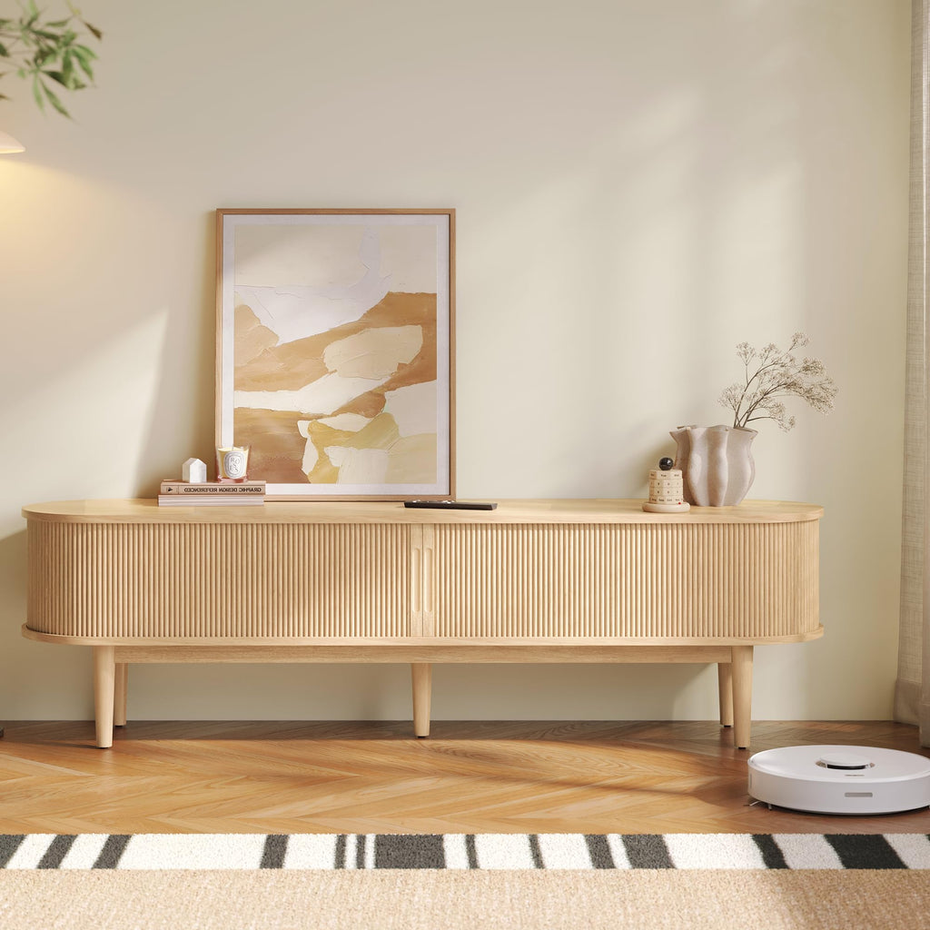 70" Fluted TV Stand for TVs up to 80 Inch, Mid Century Modern Entertainment Center with Storage Cabinet and Sliding