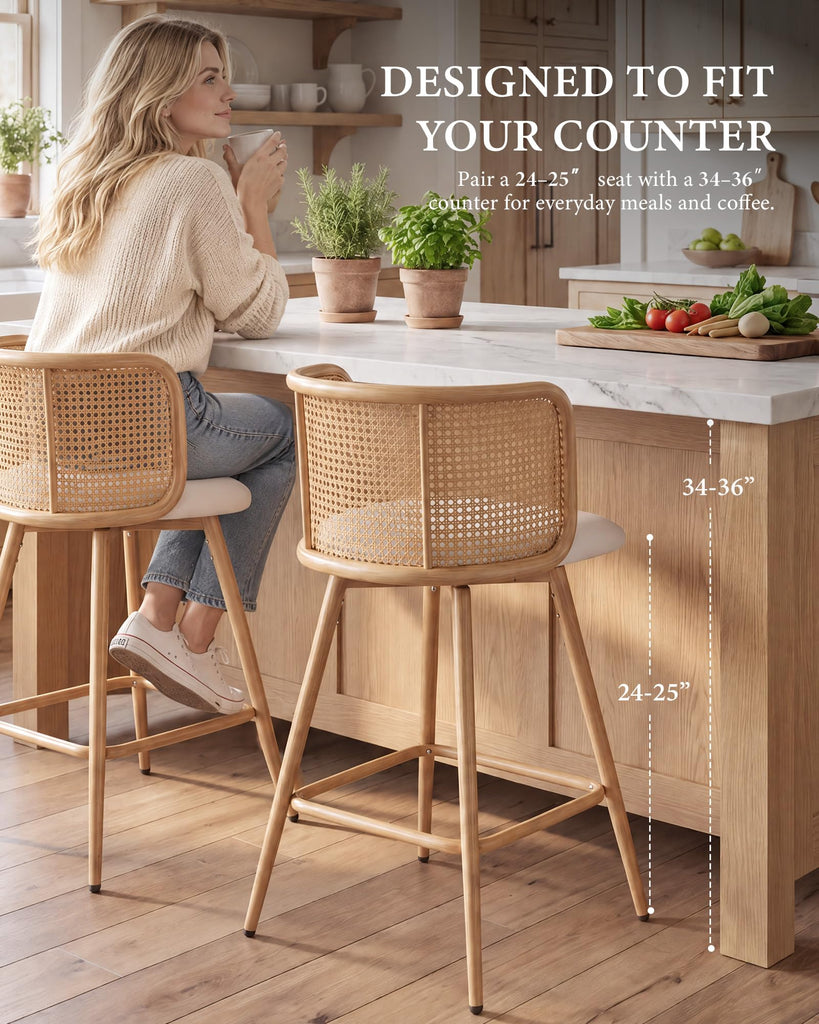 26" Rattan Bar Stools Set of 2, Swivel Counter Height Barstools, White
