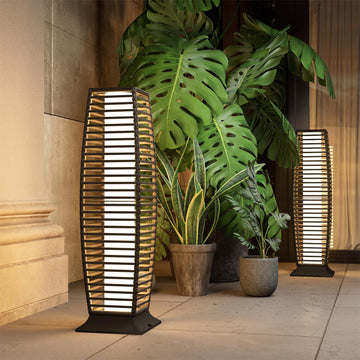 Outdoor Floor Lamp Solar Powered Lantern Waterproof Wicker Boho Deck Lights for Garden Porch Decor, Large Crossover