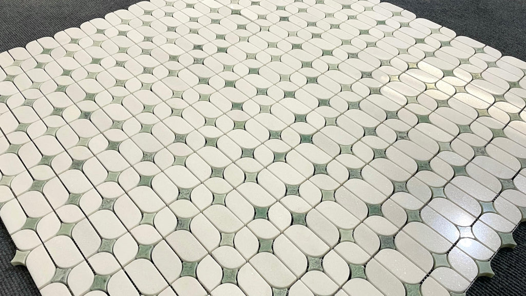 Thassos White Marble Mosaic Tile with Ming Green Accents - Polished Decorative Stone Tile Backsplash, Bathroom Wall &