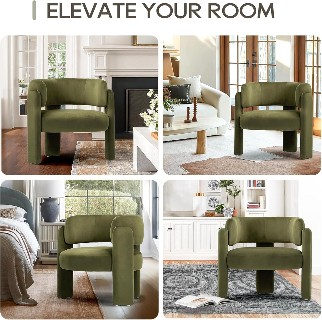 Modern Velvet Accent Chair Set of 2, Upholstered Barrel Chairs, Comfy Side Arm Chairs with 3 Legs , Reading, Green