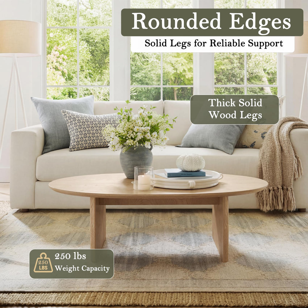 Large Oval Coffee Table, Oak Veneer Top with Solid Legs, Natural