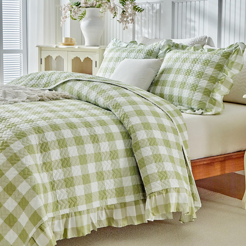 3pcs Ruffle Quilt Set, Sage Green Gingham Plaid Ruffled Design, Soft Cozy Microfiber Farmhouse Bedspread