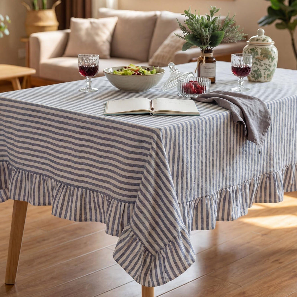 Cotton Striped Tablecloth Rectangle 60" X 120" Blue White