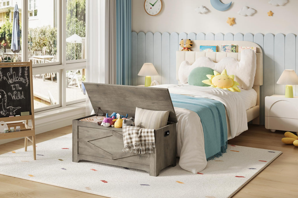 Farmhouse Wooden Storage Chest Bench, Safety Hinges, Spacious Multipurpose Organizer, or Playroom, Easy Assembly