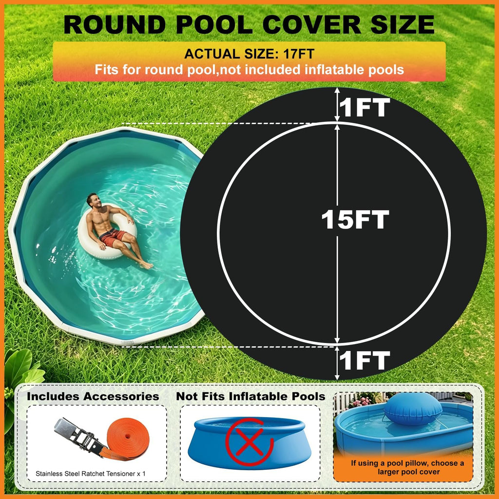 15FT Round Pool Cover Thicker Solar Pool Covers for Above Ground Pools | 600D Polyester Oxford,Tear
