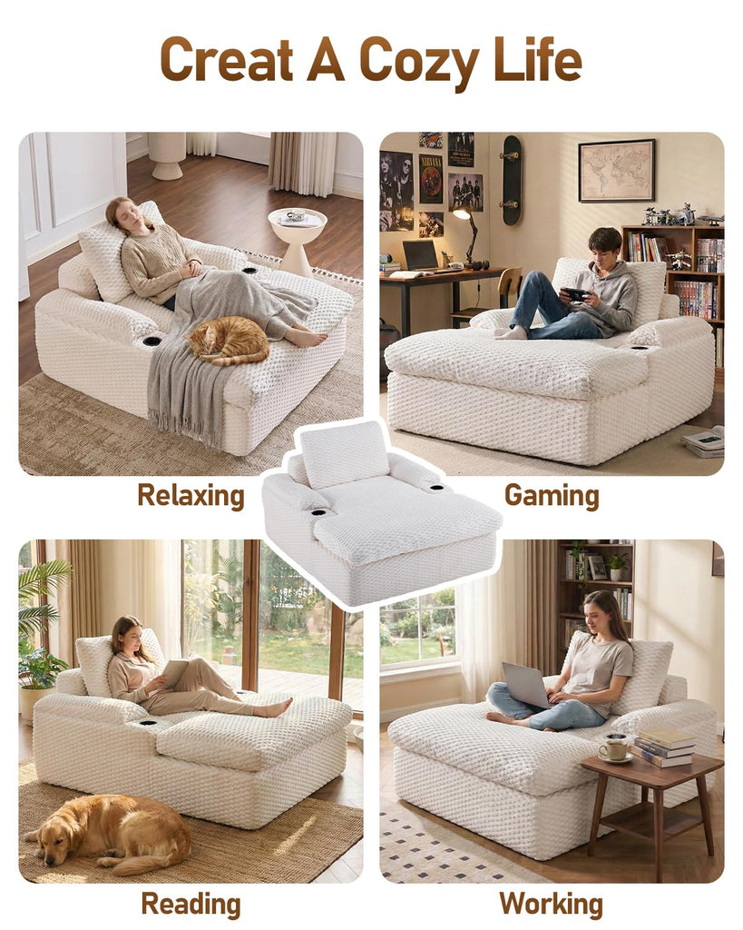 59.8" Chaise Lounge Chair Indoor, 20.1" Deep Seat, White