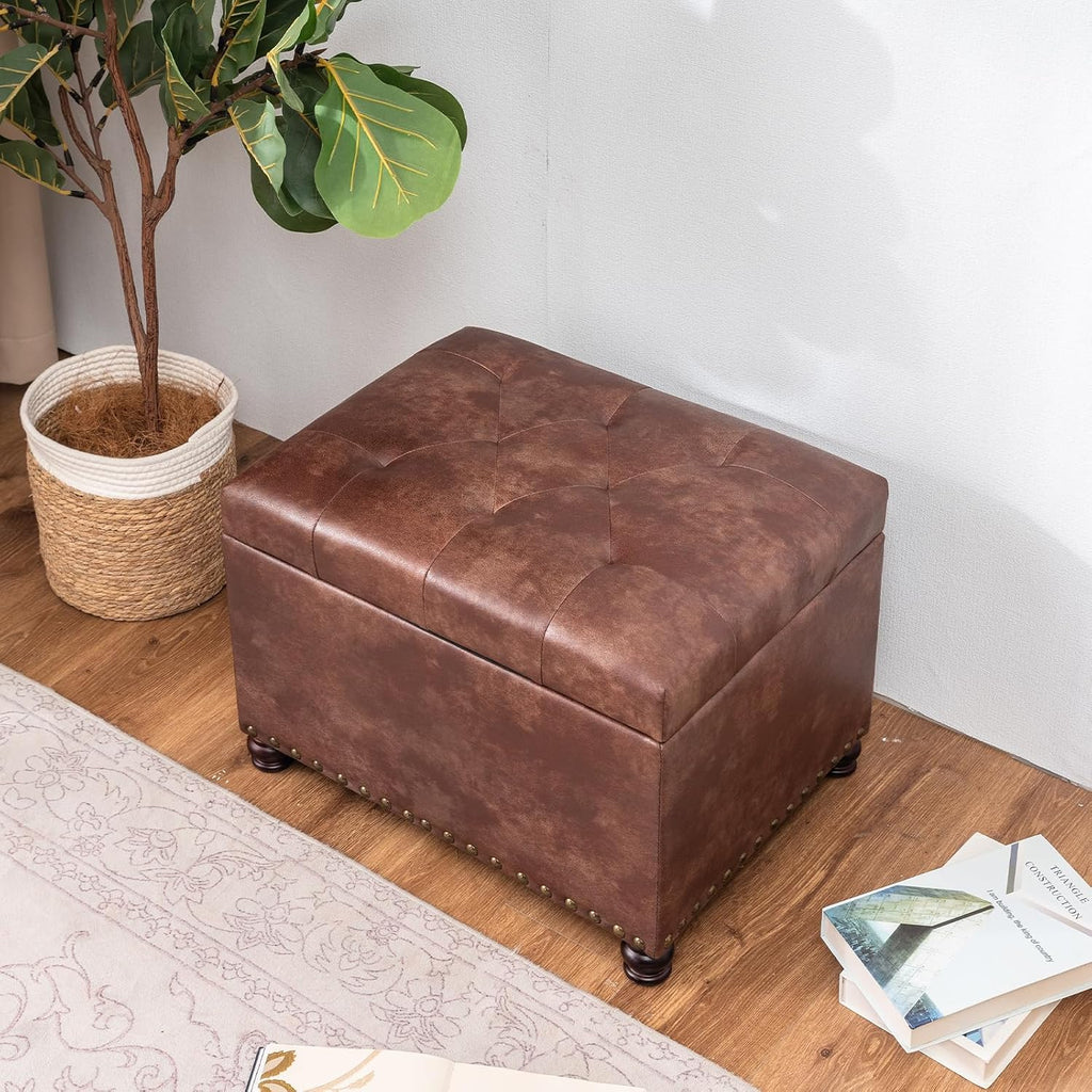 Leather Storage Ottoman, 24" Rectangle Tufted Square Upholstered Bench, Foot Rest Stool with Wood Legs, Footstool
