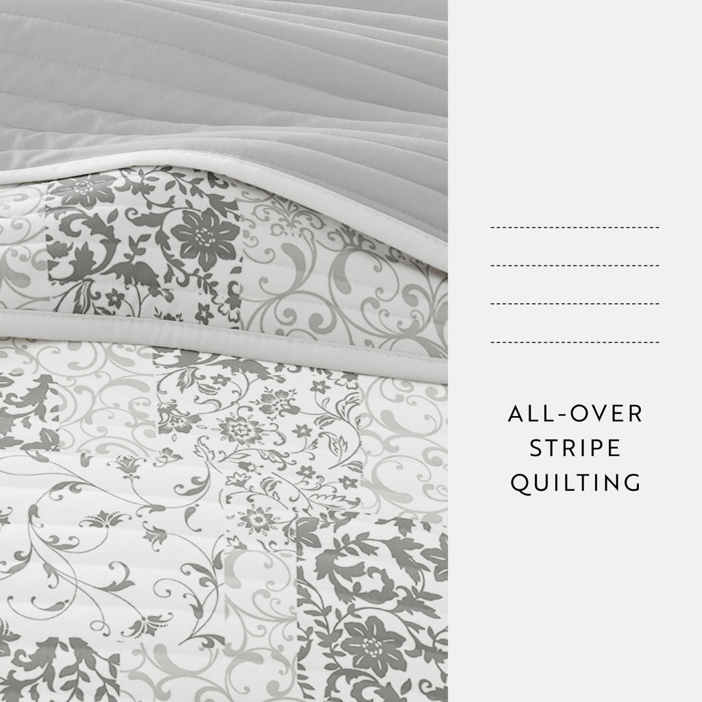 Gray 3-Piece Full/Queen Quilt Comforter with 2 Shams | Lightweight, All-Season, Paisley Stitched Bedspreads | Modern