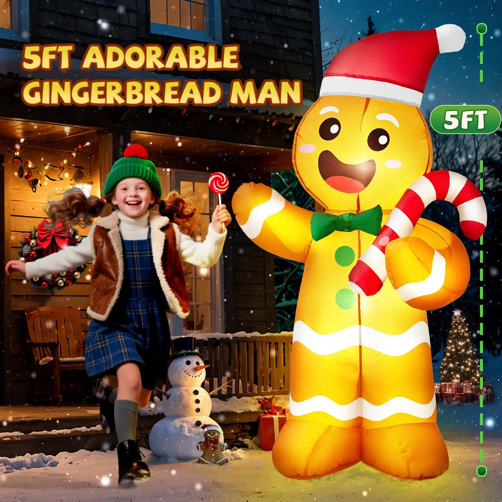 5FT Christmas Inflatables Gingerbread Man, Christmas Decoration Outdoor Built-in Bright LED Light Hold Candy Cane