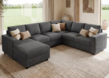 7 Seaters U Shape Corduroy Sectional Sofa, Dark Grey
