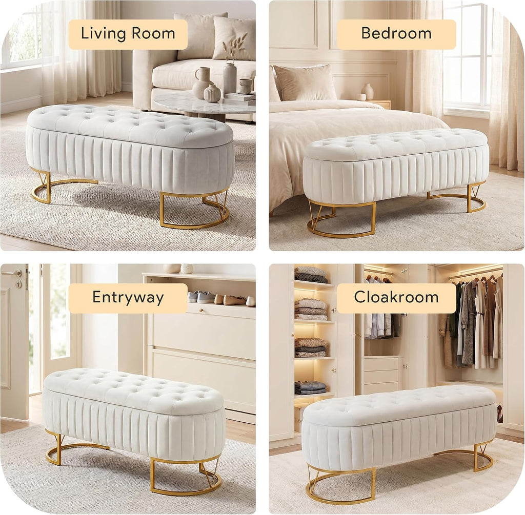 Velvet Oval Upholstered End of Bed Bench with Golden Metal Legs, 46' Modern Tufted Storage Ottoman Bench , Window