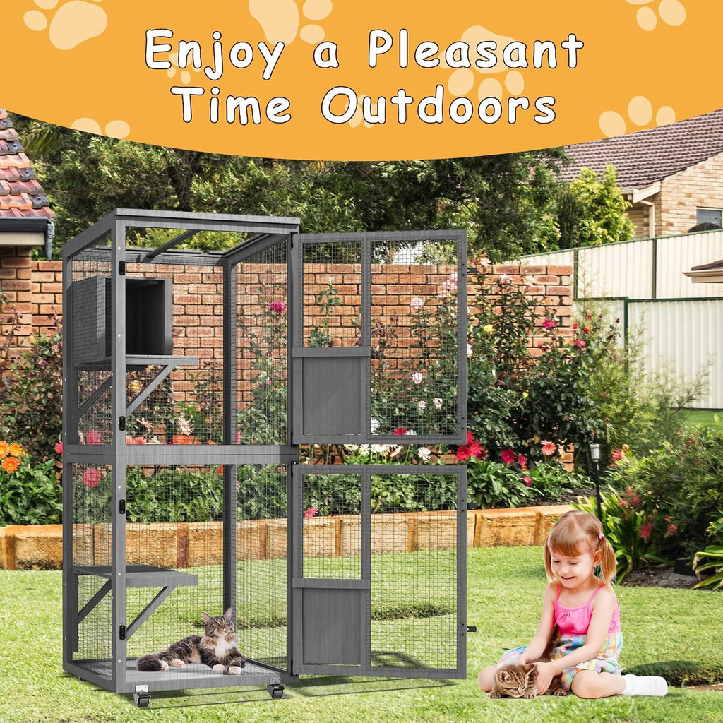 4 Tiers Catio Outdoor Cat Enclosure, Indoor Cat House with 4 Wheels, Grey