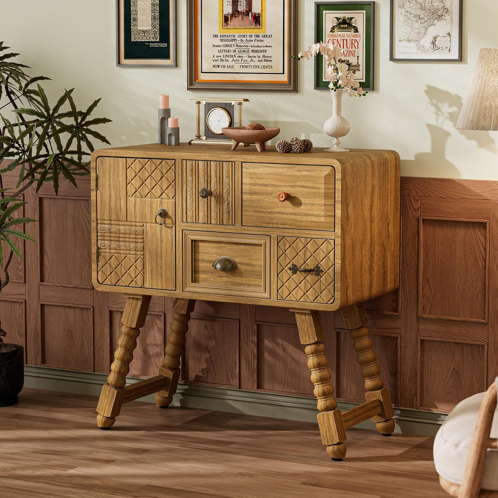 Boho Accent Cabinet with 4 Drawers and Door, Full Assembled Vintage Storage Chest, Hand-Carved Decorative Cabinet