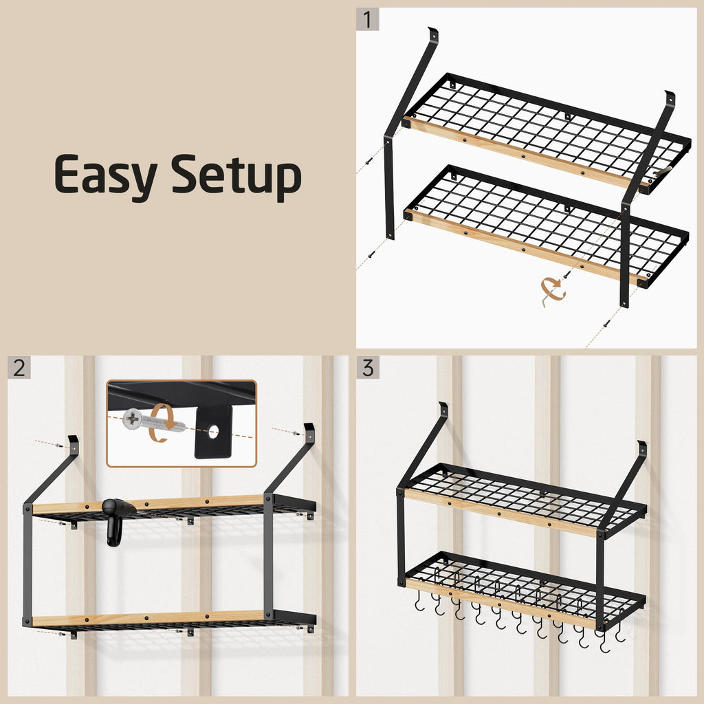 132lb Heavy Duty Hanging Pot Rack Wall Mounted, 34in Solid Wood Design