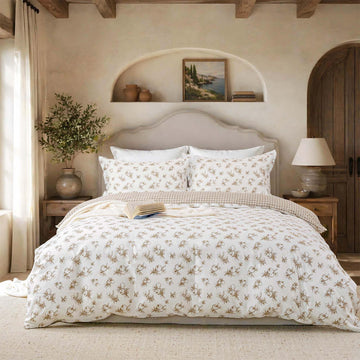 Farmhouse 100% Cotton Duvet Cover Set 3Pcs - Vintage Pomegranate Botanical Prints & Rustic Plaid Reverse