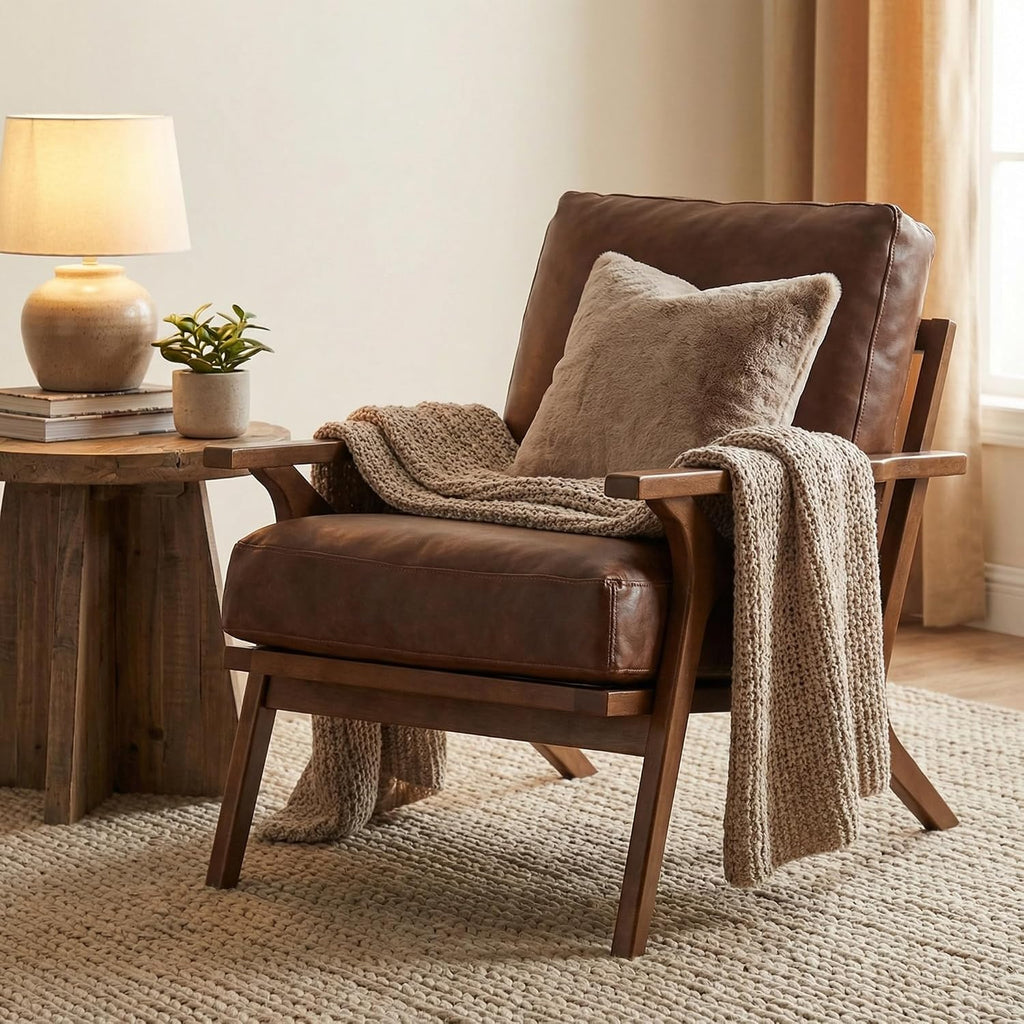 Mid Century Arm Chair, Retro Accent Armchair with Wood Frames & Faux Leather Upholstered Removable Cushions, Leisure