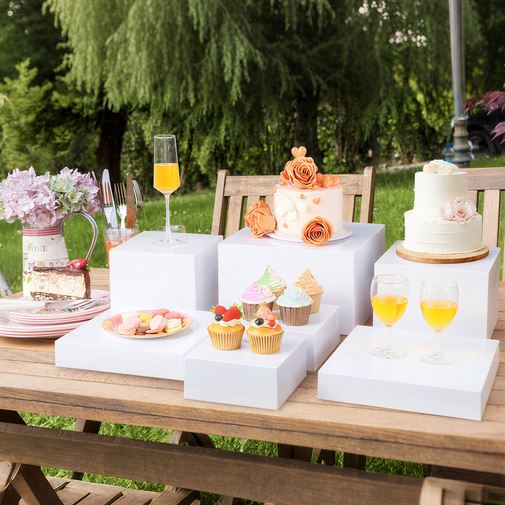 7 Pcs Acrylic Buffet Risers Set - Square Display Stands 6.8" to 12", Clear Cube Boxes for Cakes, Desserts, Jewelry &