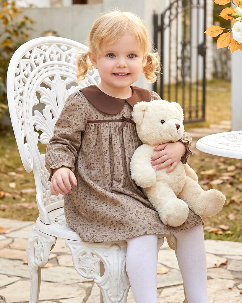 Toddler Girls Clothes Fall Winter Khaki Brown Floral Dress