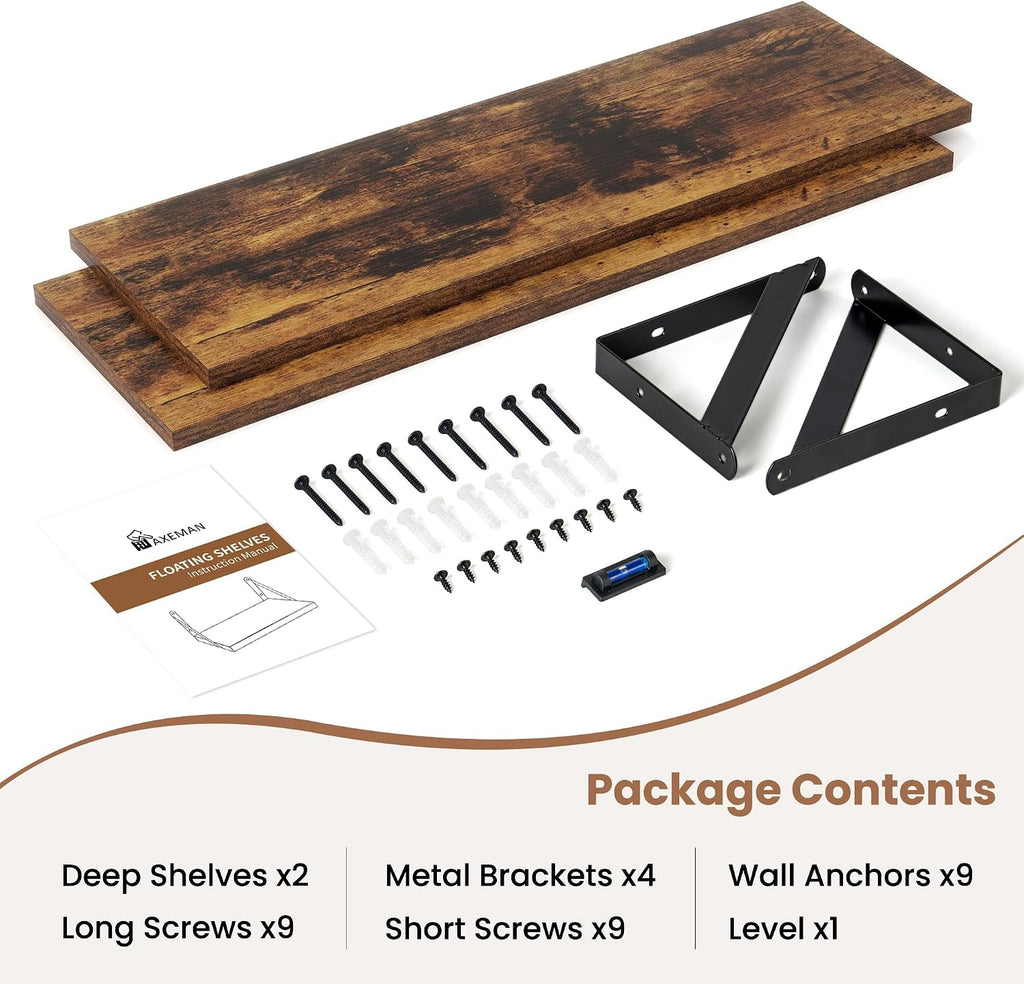 24 Inch Floating Shelves, 8 Inch Deep Brown Wall Shelves Set of 2 | 24'' x 8'' Rustic Brown Wood Shelves for