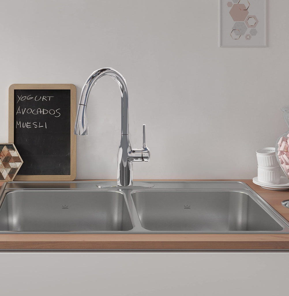 Creemore 33-in LR x 22-in FB x 6-in DP Drop In Double Bowl 1-Hole Stainless Steel Sink