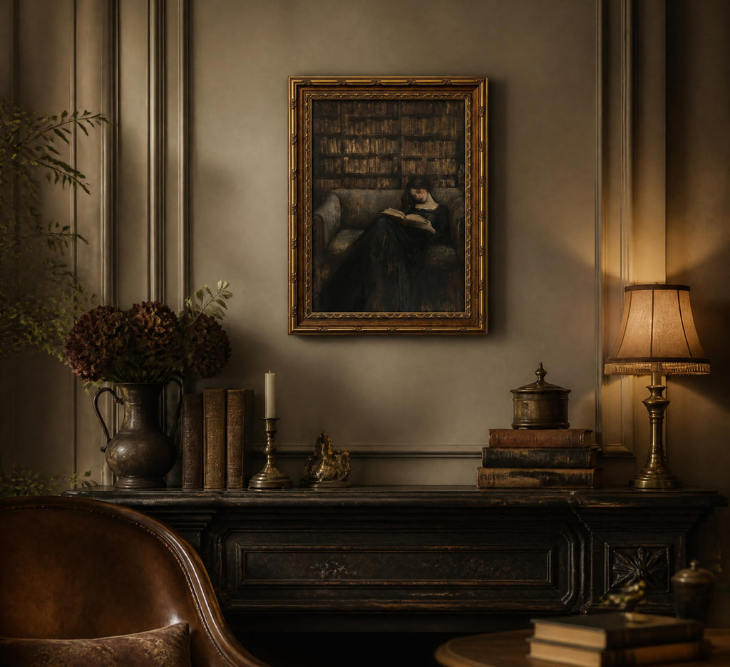 Vintage Gold Framed Gothic Wall Art, Victorian Women Reading Oil Painting Canvas Prints, Dark Academia Picture Wall