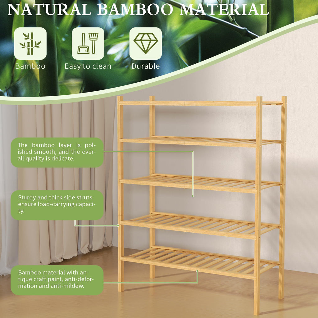 5 Tier Bamboo Shoe Rack for Closet Free Standing Wood Shoe Shelf Small Space Stackable 27"x11"x33" (Natural)