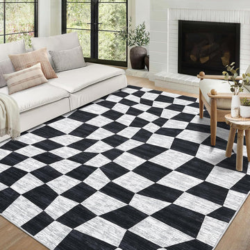 Washable Area Rugs 9x12 Rug Checkered Modern Bedroom Rug Geometric Black Rug Large Area Rug Non Slip Throw Rugs Low