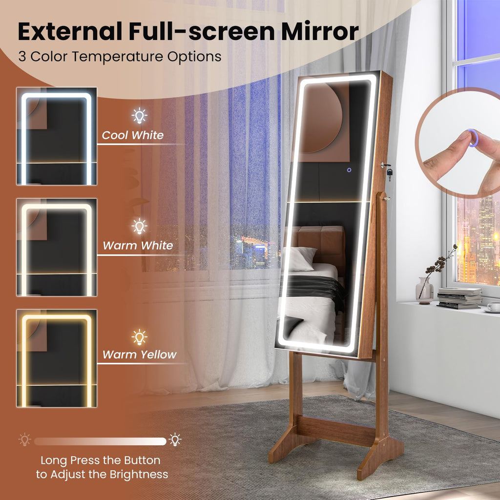 Standing Jewelry Cabinet with LED Lights & Full-Length Mirror (Walnut)