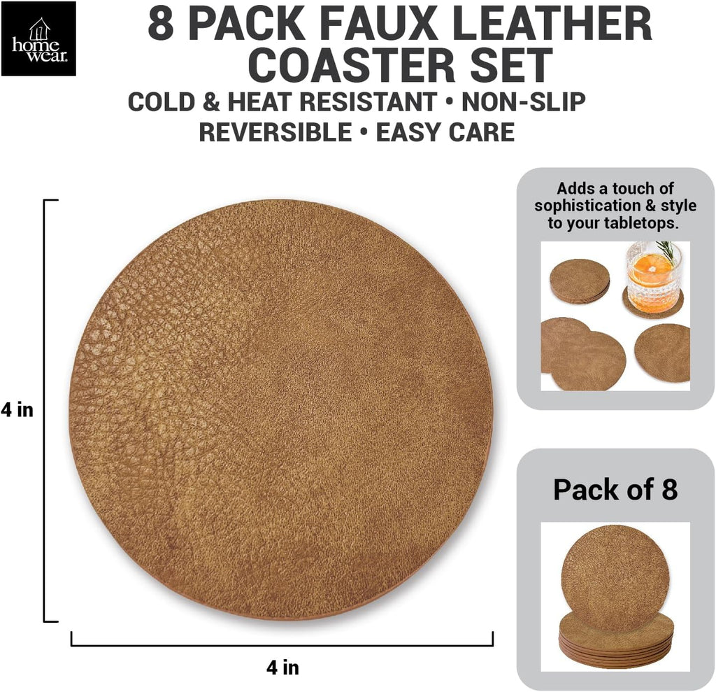 Morgan Faux Leather 4 Inch Round Coasters, Heat & Water Absorbent, Natural Style, Drinks Tabletop Home - Set of 8