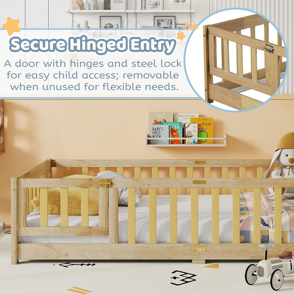 Montessori Floor Bed with Slats and Door, Solid Wood Floor Bed Frame with High Rails, Low Wooden Kids Beds