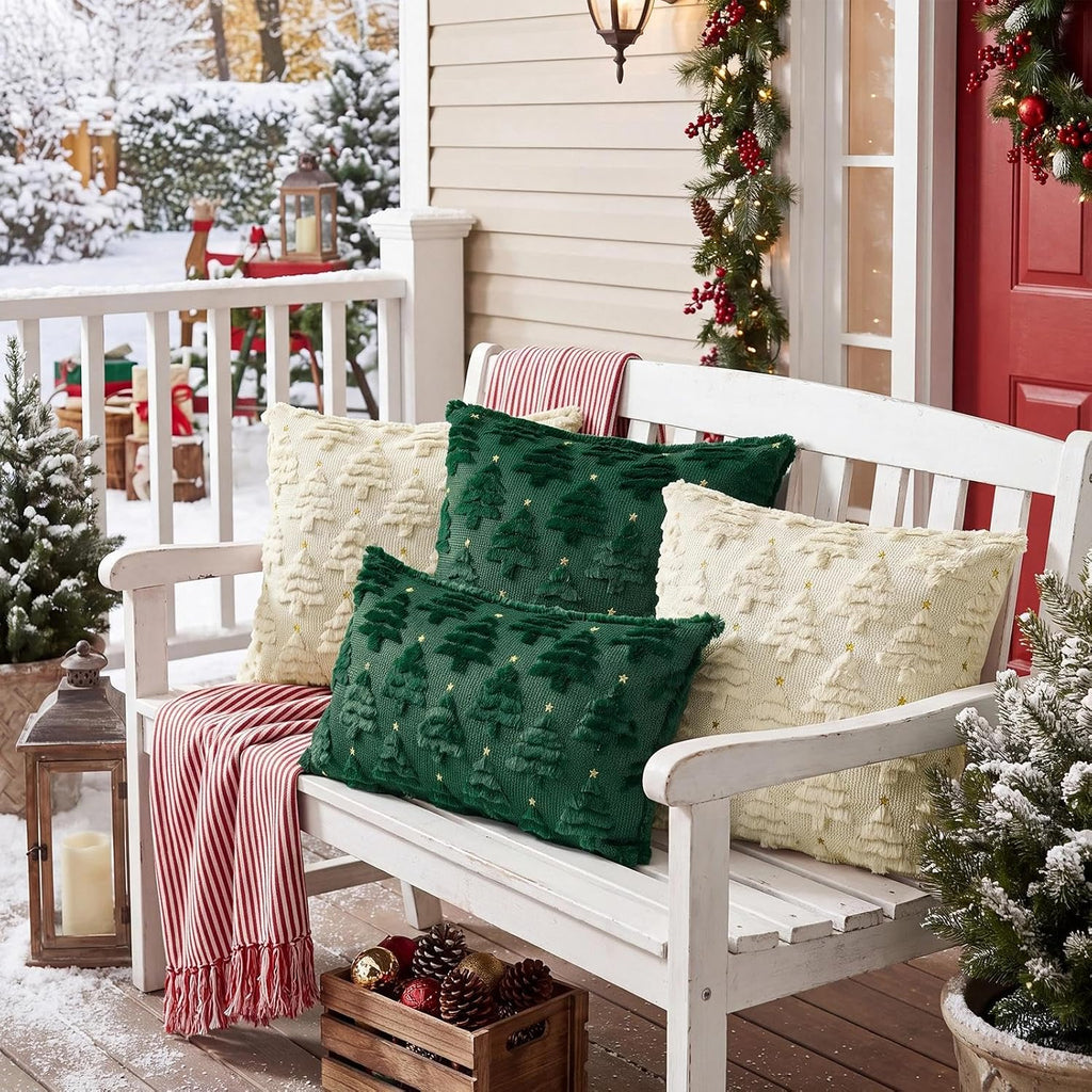 Christmas Pillow Covers 18x18, Green Xmas Tree Decor - Set of 2