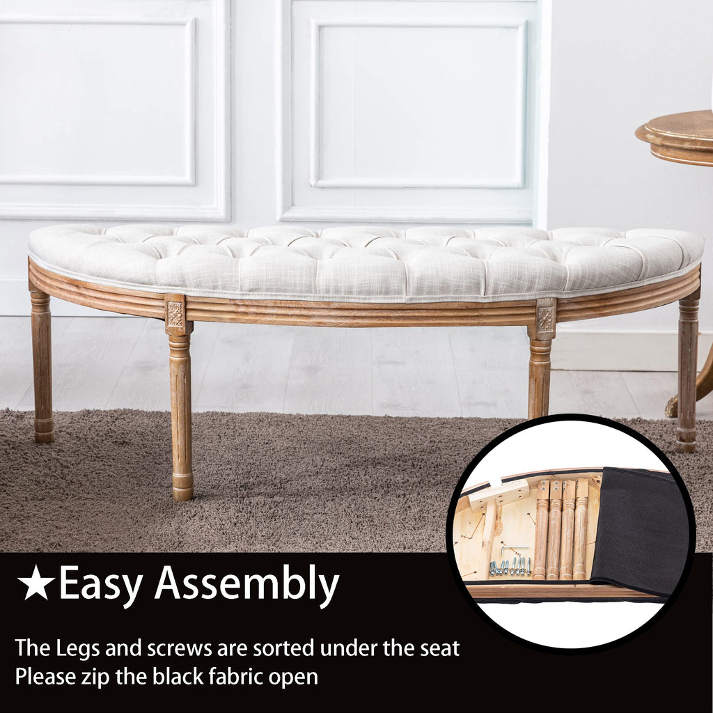 55" Halfmoon Entryway Bench Tufted Semi Circle Ottoman Bench Seat French Style Upholstered Bed End Bench for Foyer