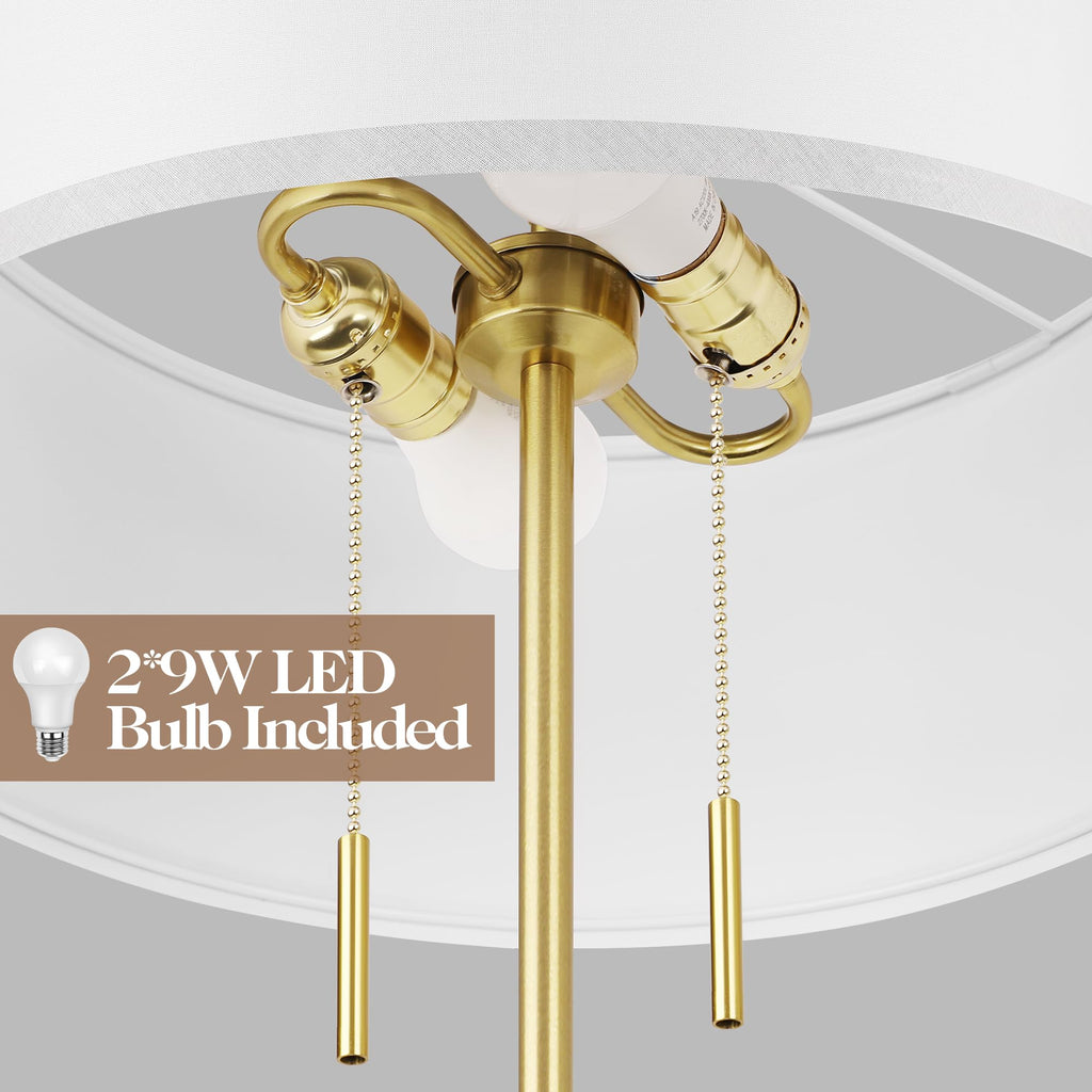 2-Light Mid Century Modern Floor Lamp, Standing Lamp with Fabric Shade and Pull Chain Switch, Tall Floor Lamp Corner