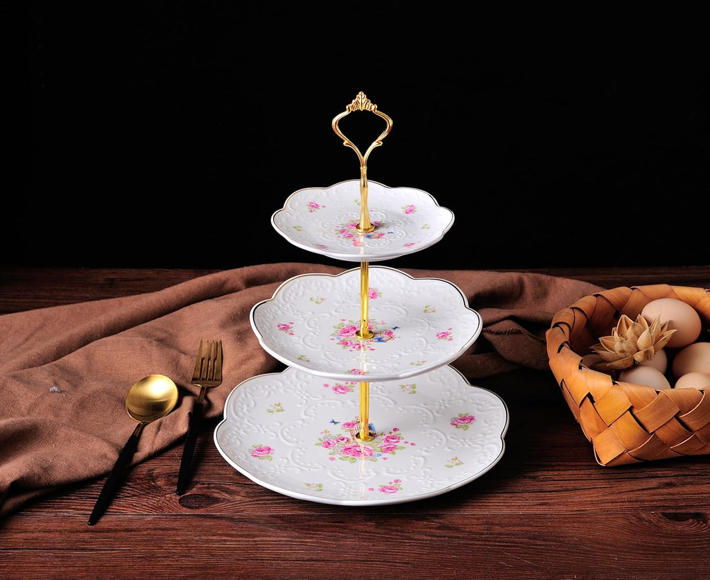Embossed 3-tier Ceramic Cake Stand- Cupcake Stand with Golden Rim
