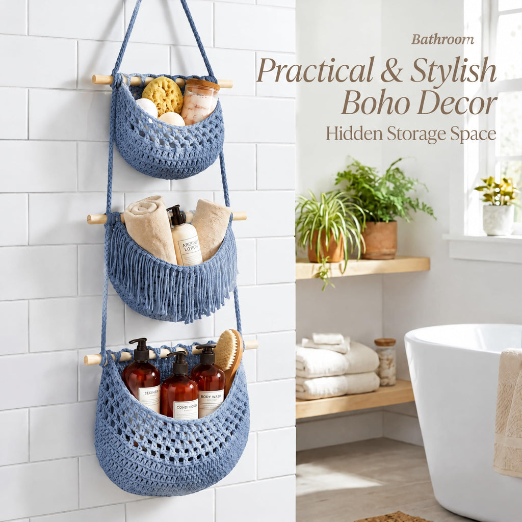 Boho Style Handwoven Rope Hanging Basket - 3-Tier Detachable Storage Organizer /Bathroom/Entryway, 3 Included