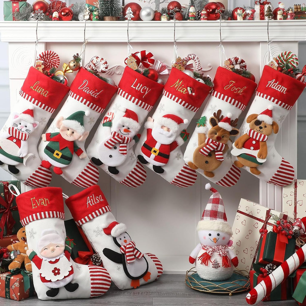 Christmas Family Stockings with Embroidery Names, 3D Xmas Characters Santa,Snowman,Reindeer & Penguin , Fireplace