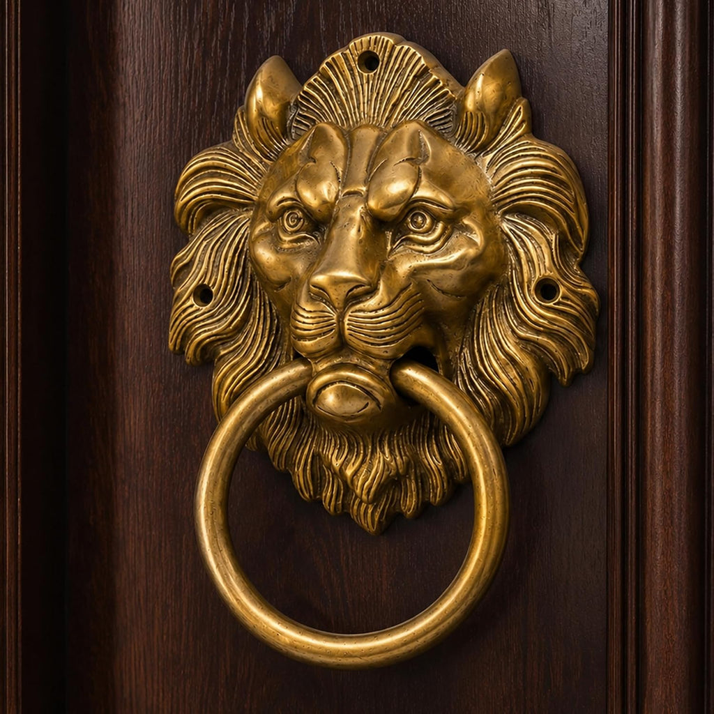 Lion Head Brass Door Knocker Authentic Vintage Unique Front Door Holder with Gold Finish Rare Solid Door Accessories