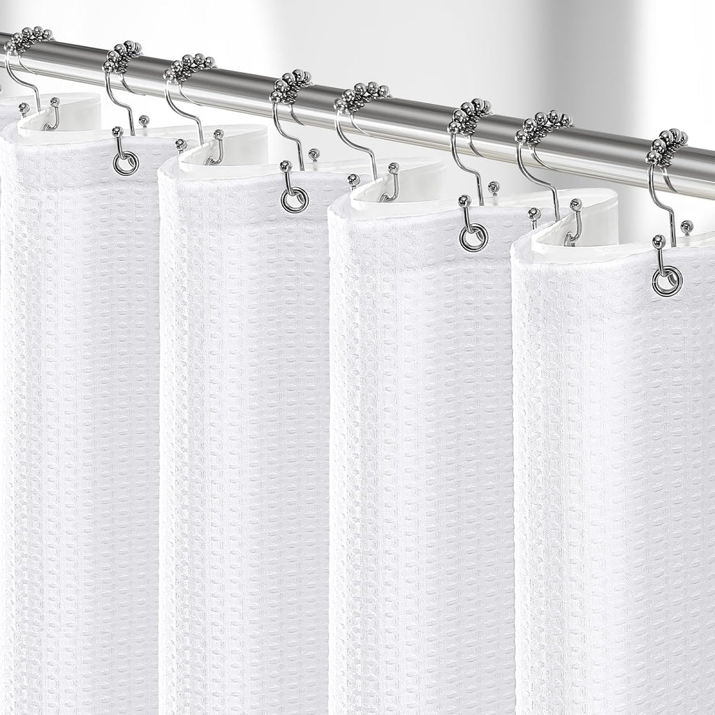 3 in 1 Waffle Shower Curtain Set with PEVA Liner 72Wx72H White | 256GSM Heavy Duty Fabric, Waterproof Clear Liner