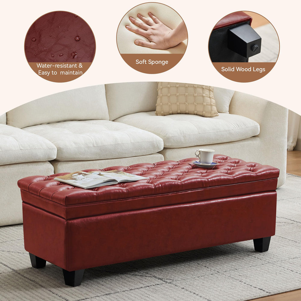 50" Faux Leather Storage Ottoman Bench, End of Bed Upholstered Rectangle Storage Ottoman Tufted Living Room Bedroom