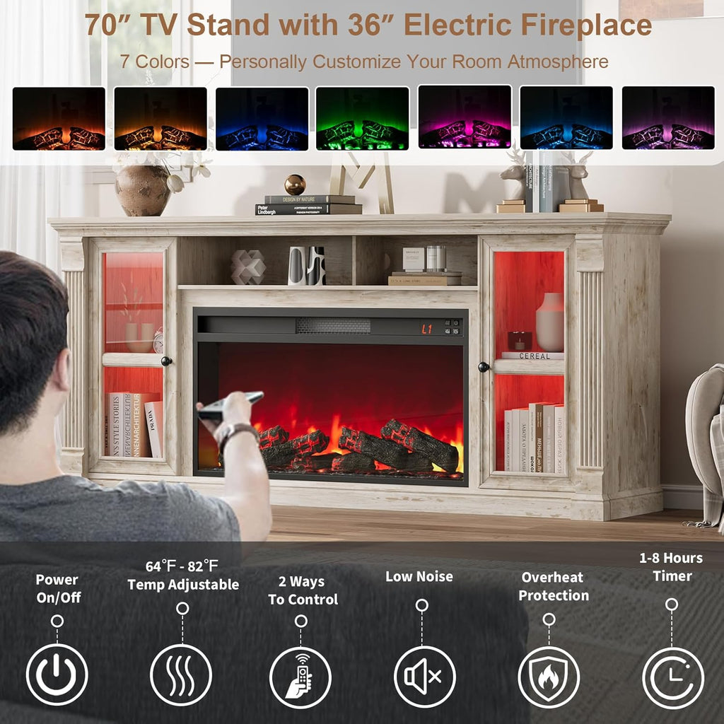 Farmhouse Fireplace TV Stand Up to 80" TVs, 70" Modern Highboy Entertainment Center with 36" Electric Fireplace & LED