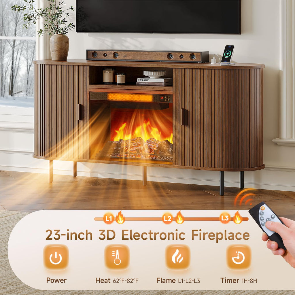 63" Fluted Fireplace TV Stand with Sliding Doors & Power Outlet