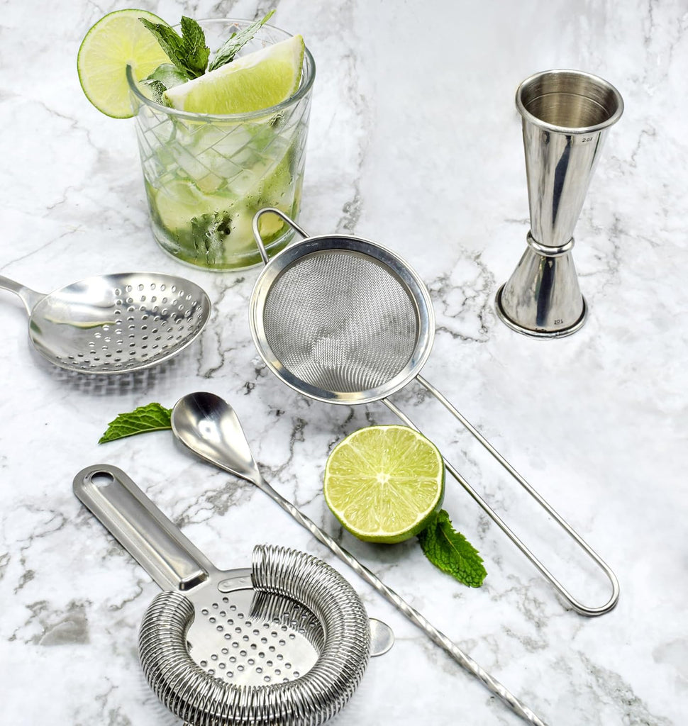 Cocktail Strainer Set Stainless Steel Bar Tools with Stirring Spoon - Hawthorne, Julep, Fine-Mesh and Jigger - Set of 5