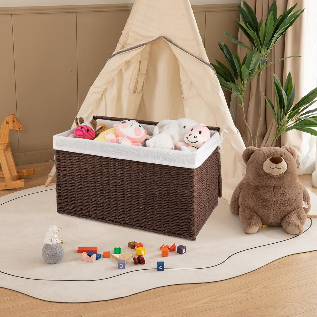 Storage Basket with Lid, 27.7 Gallon (105L) Blanket Basket with Removable Separated Liner Bag, Paper Rope Hamper with