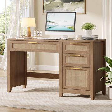 47" Farmhouse Rattan Executive Desk with File Drawer, Brown