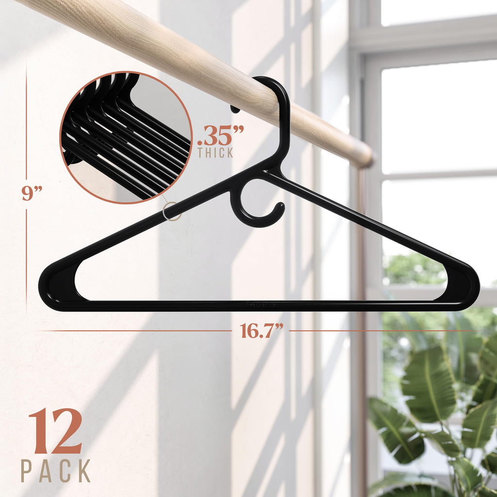 Thick Heavy Duty Hangers - Black Plastic Clothes Hangers 12 Pack - Great for Coat Hanger, Jackets Jeans & Suit Hanger