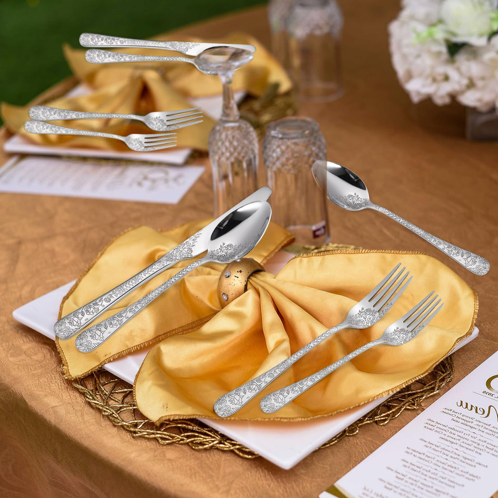 Floral Silverware Set 6 Silvery Flatware Stainless Steel with Delicate Engraved Rose Flower Embossed Design Complete