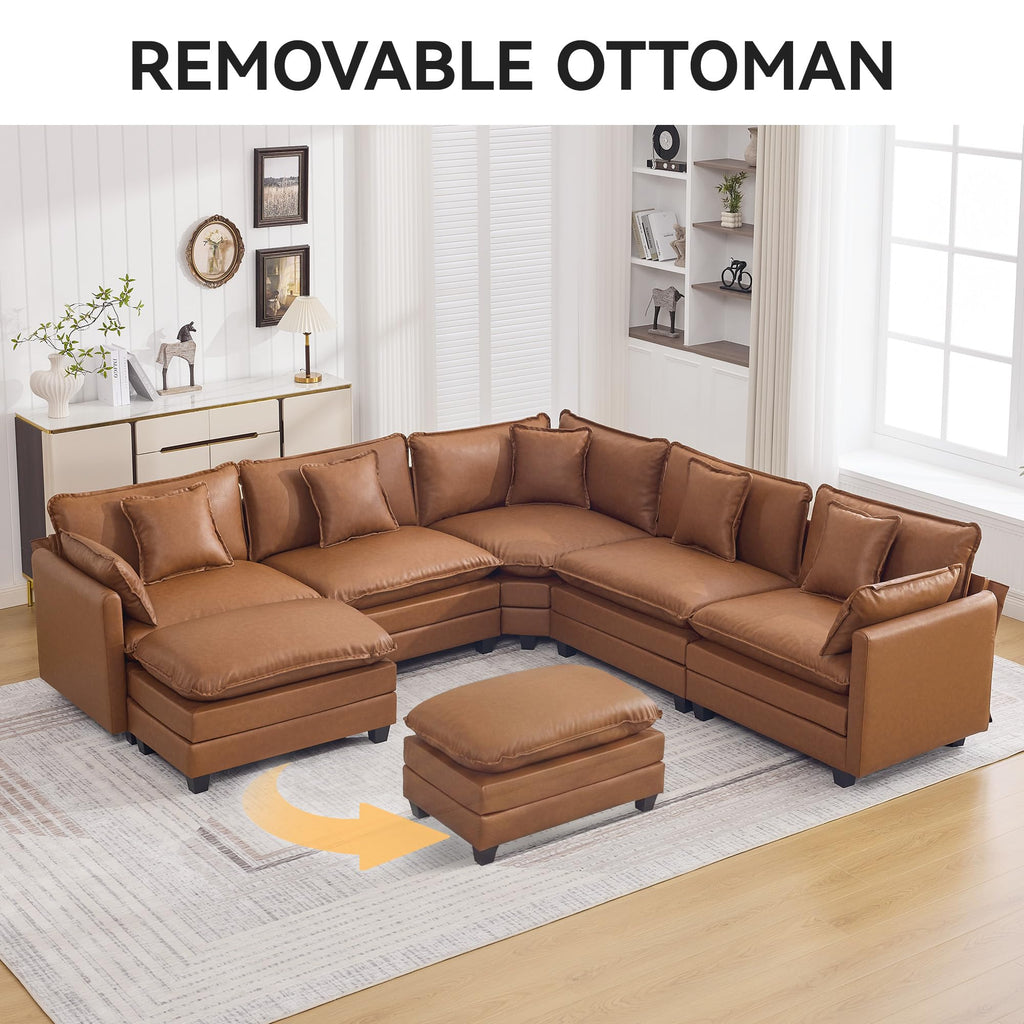 35'' Modern Leather Cloud Sofa Ottoman, Rectangle Ottoman for Modular Sectional Sofa, Leather Light Brown