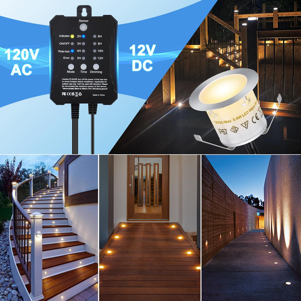 Dimmable LED Deck Lights with Timer and Photocell Sensor, 20 Pack 32mm Recessed Deck Lights Kit, IP67 Waterproof